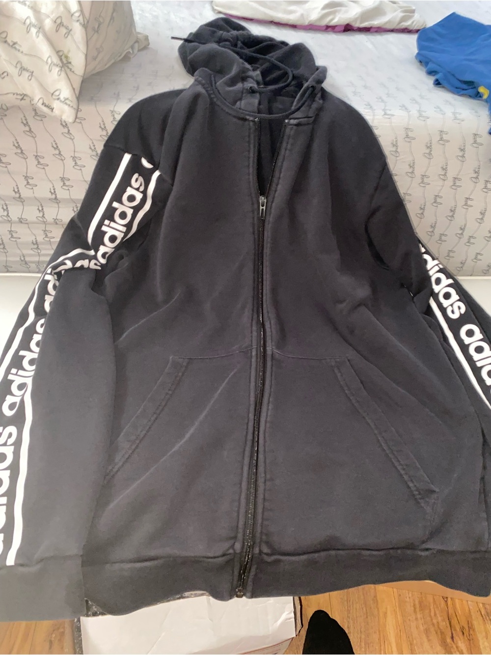 adidas Black Full-Zip Hoodie Jacket with White Sleeve Logo